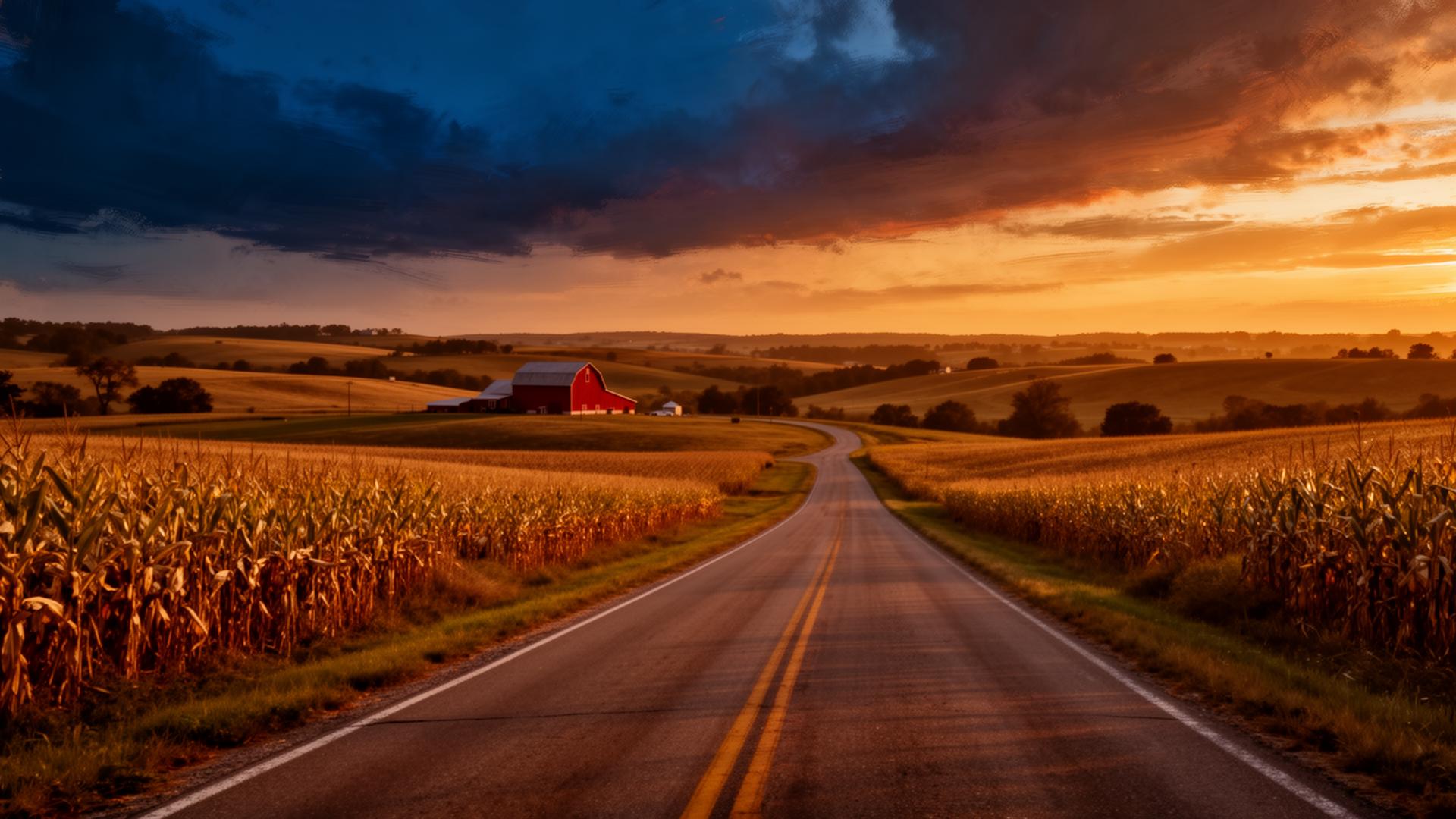 Sunset over a Licking County country road and farmland